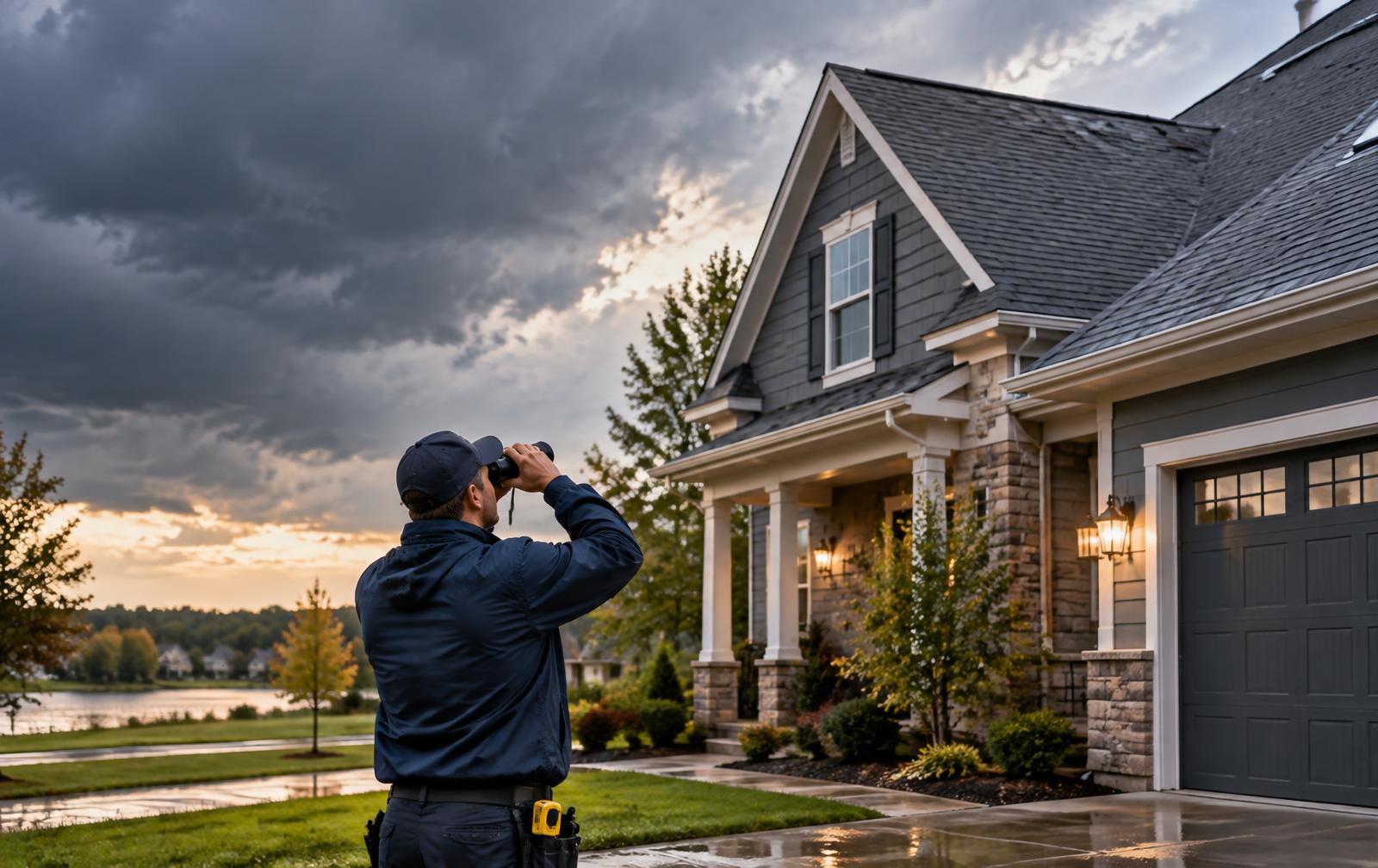 Roofing professional inspecting a home from the ground after a storm